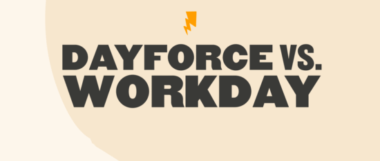 DAYFORCE vs. WORKDAY comparison graphic featuring bold typography and a lightning icon against a soft background. , DAYFORCE, WORKDAY