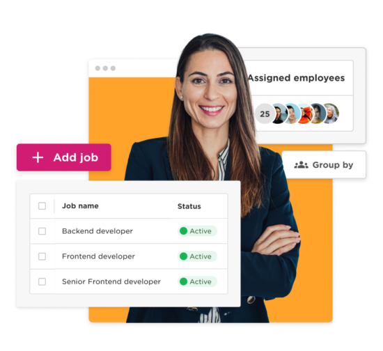 job management interface, professional woman smiling with active job status for developers