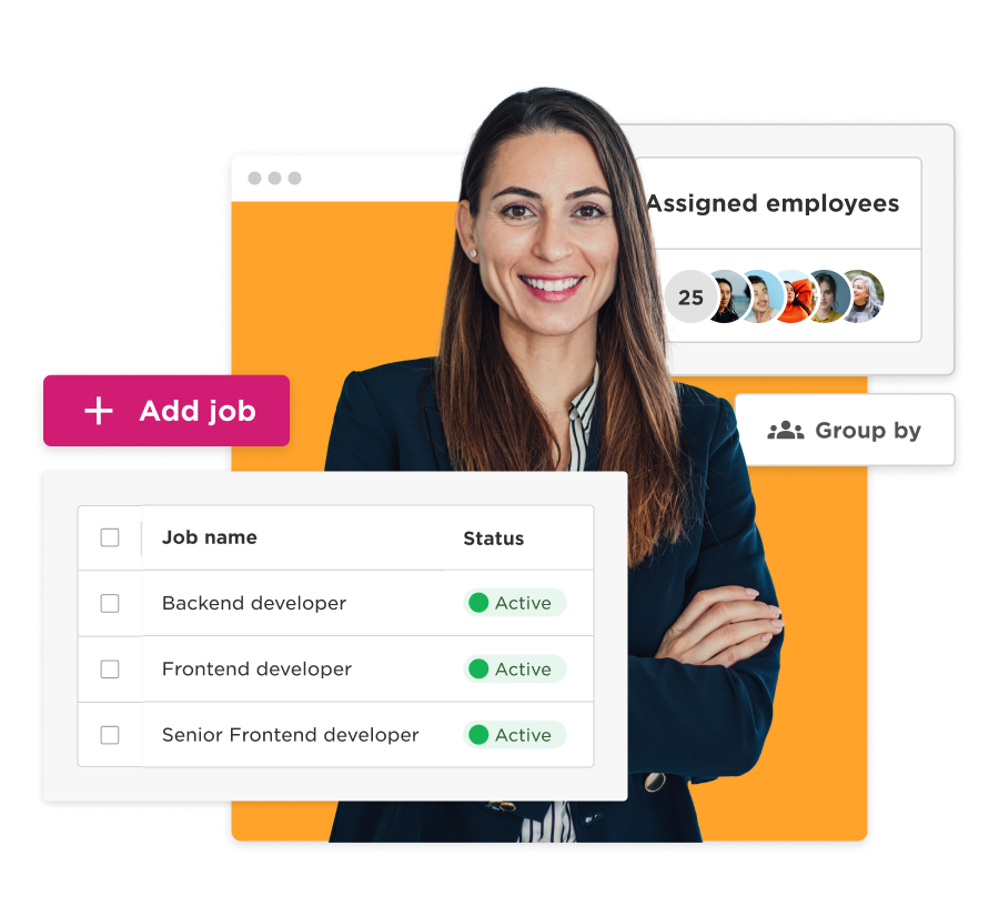 job management interface, professional woman smiling with active job status for developers