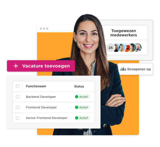 vakature toevoegen interface, active job positions for developers with a professional woman in a business setting
