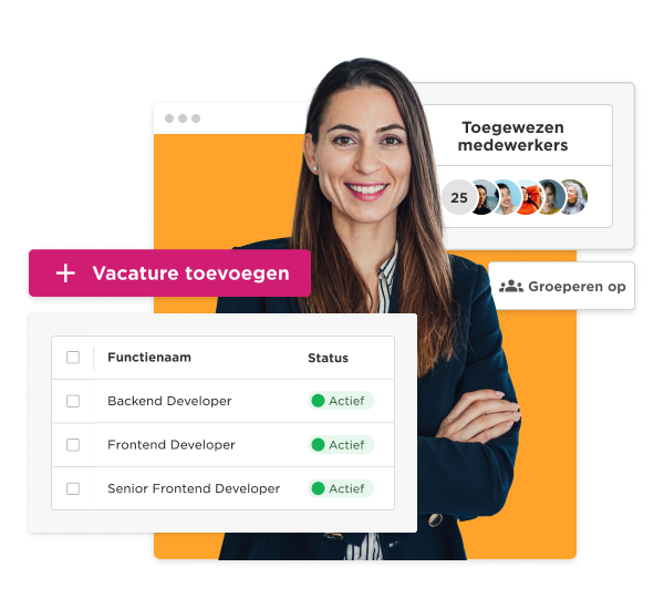 vakature toevoegen interface, active job positions for developers with a professional woman in a business setting