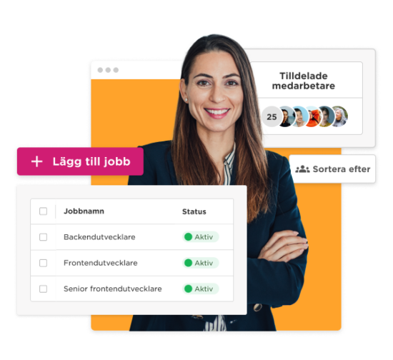 job recruitment interface, professional woman smiling with job listings and status updates on a vibrant orange background