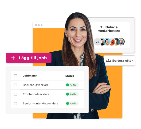 job recruitment interface, professional woman smiling with job listings and status updates on a vibrant orange background