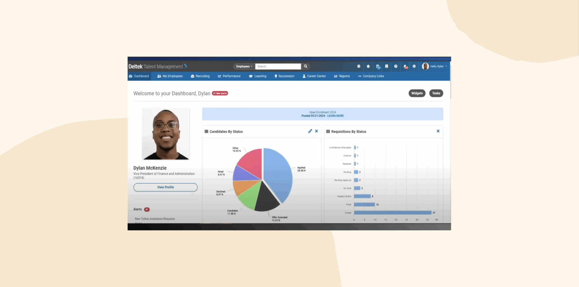Dylan McKenzie’s talent management dashboard displaying candidate and requisition statistics for hiring., talent-management, candidate-dashboard