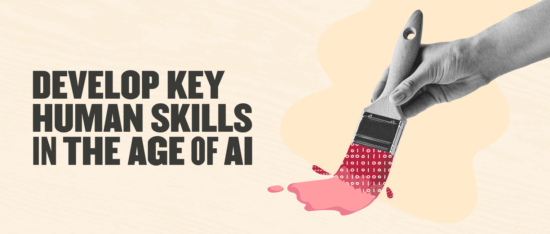 develop human skills in age of AI, paintbrush with binary code and color splash on a textured background