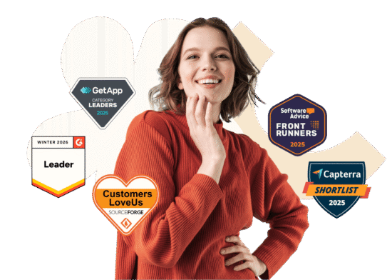 happy woman showcasing software awards and badges including GetApp, Software Advice, and Capterra for 2025, product recognition, award-winning software