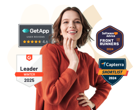 woman smiling in a red sweater showcasing award badges from GetApp, G2, Software Advice, and Capterra, awards, user reviews
