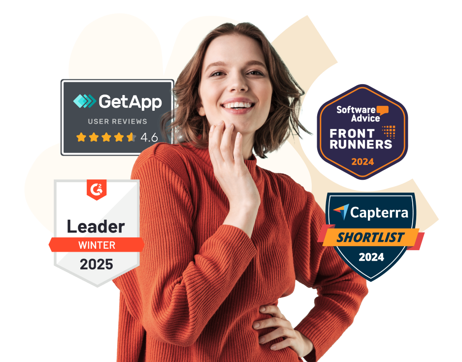 woman smiling in a red sweater showcasing award badges from GetApp, G2, Software Advice, and Capterra, awards, user reviews