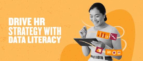 drive-hr-strategy-data-literacy, woman-using-tablet-data-visuals-orange-background
