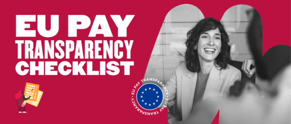 EU Pay Transparency Checklist graphic featuring a smiling woman, checklist, and EU emblem on bold red background. , EUtransparency, PayChecklist
