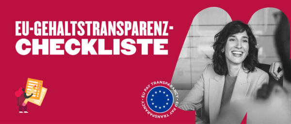 EU Pay Transparency checklist with smiling woman, checklist icon, and European Union logo on bold red background.