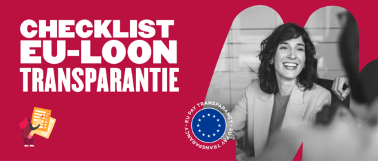 CHECKLIST EU-LOON TRANSPARANTIE, smiling woman in professional attire, EU transparency logo, engaging workspace setting., EU transparency, professional checklist