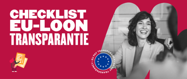 CHECKLIST EU-LOON TRANSPARANTIE, smiling woman in professional attire, EU transparency logo, engaging workspace setting., EU transparency, professional checklist