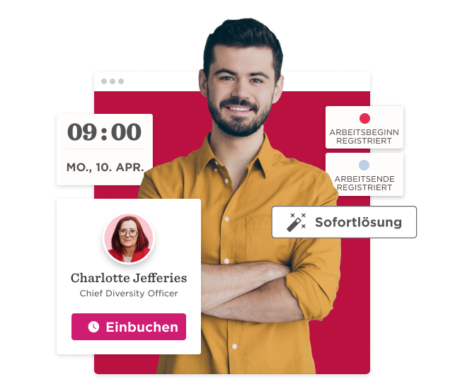 man smiling in front of a digital interface, displaying schedule and profile details, CEO profile with scheduling options highlighted