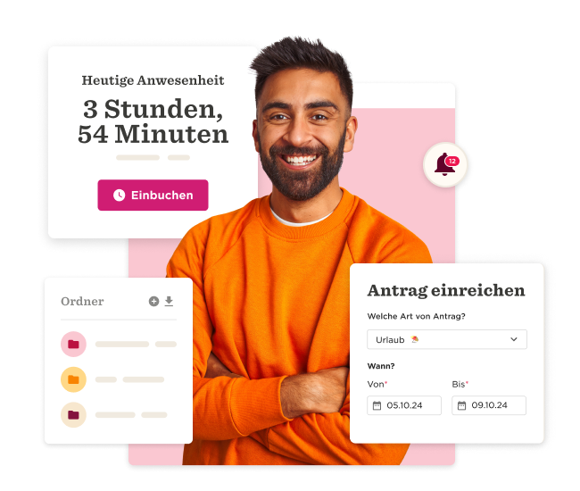 menschlicher Fachmann in orangefarbenem Pullover, Anwesenheit 3 Std. 54 Min., Antragsformular für Urlaub, Benutzeroberfläche mit Icon, Einbuchung und Ordner