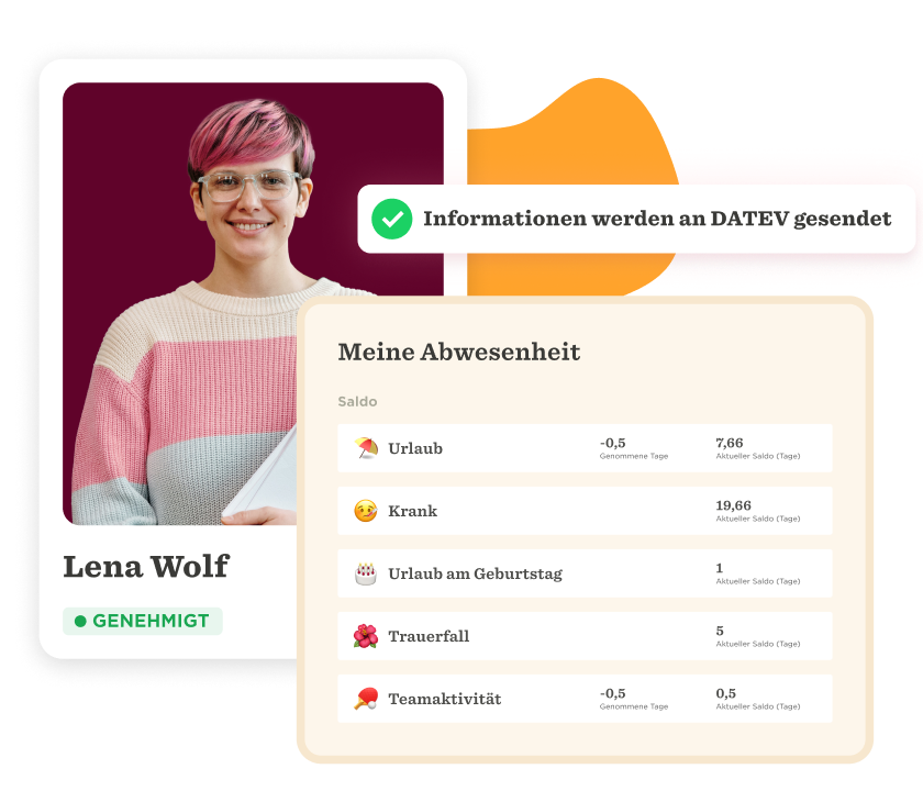 Lena Wolf's profile with absence details, including vacation days, sick leave, and team activities. Approval status shown. Lena Wolf, Abwesenheit Übersicht