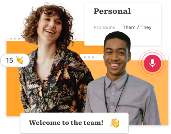 diverse team members smiling, greeting with "Welcome to the team!" message and personal pronouns displayed, team introduction and inclusivity spotlight