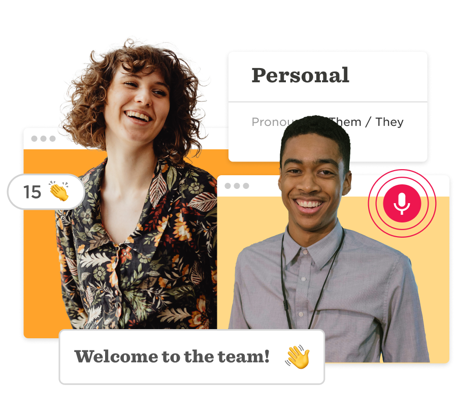 smiling young adults in colorful backgrounds with welcome message, personal pronouns, and voice icon, team introduction graphic with diversity focus