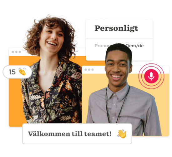 diverse team members smiling with welcoming text, personal pronouns displayed, light-hearted and friendly atmosphere, team introduction graphic with vibrant colors and engagement icons