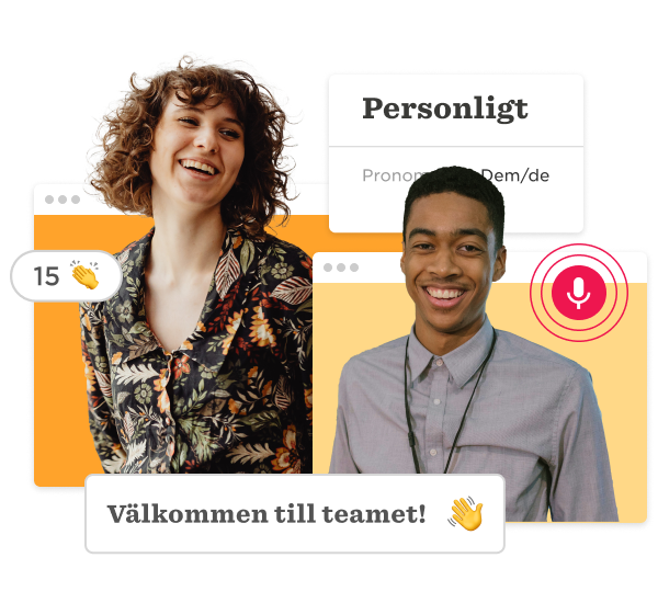 diverse team members smiling with welcoming text, personal pronouns displayed, light-hearted and friendly atmosphere, team introduction graphic with vibrant colors and engagement icons