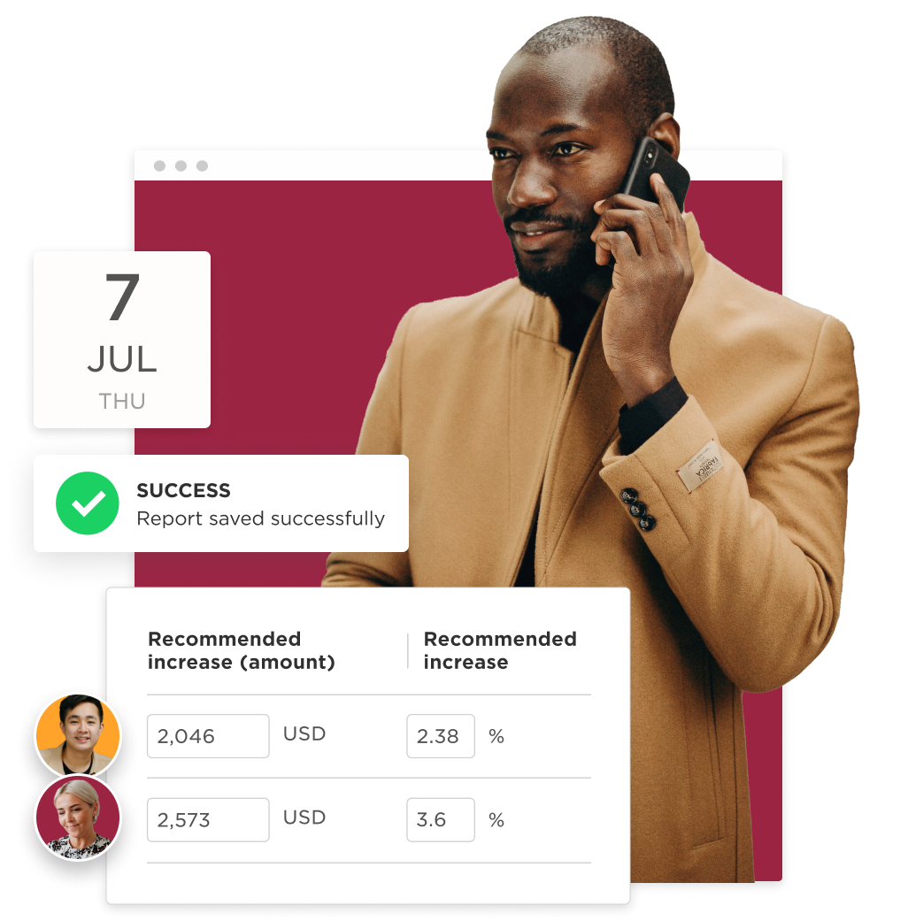 businessman talking on phone, success report and financial recommendations displayed on screen