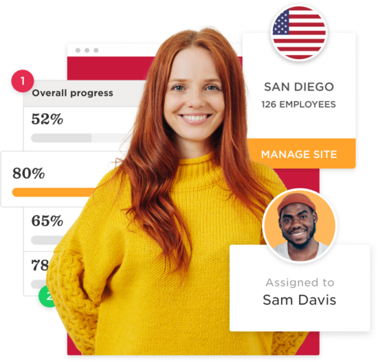 woman with red hair wearing a yellow sweater, progress indicators, San Diego site info, manage site button, employee profile Sam Davis