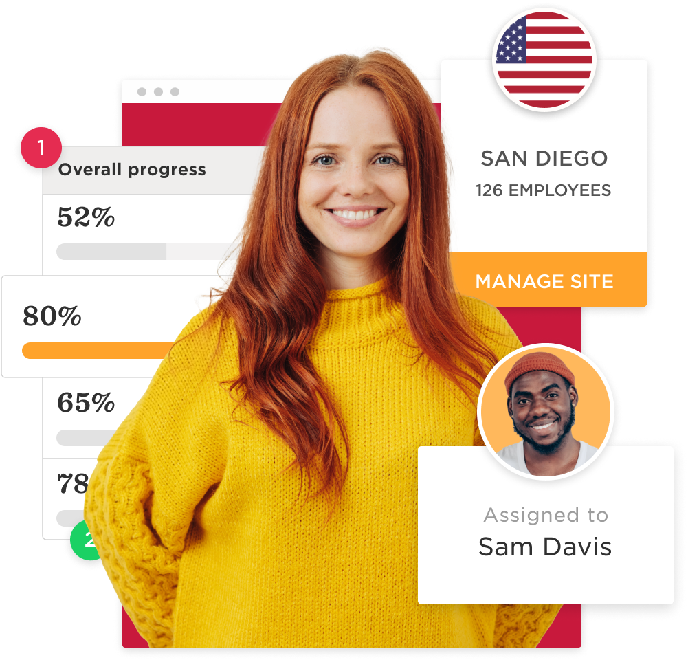woman with red hair wearing a yellow sweater, progress indicators, San Diego site info, manage site button, employee profile Sam Davis