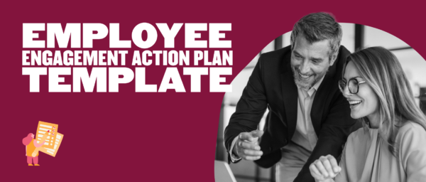 Wide banner with the text “Employee Engagement Action Plan Template” and an image of two coworkers smiling and working together on a laptop.