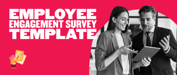 Wide banner featuring two business professionals reviewing a tablet on a bright red background, with large bold white text reading 