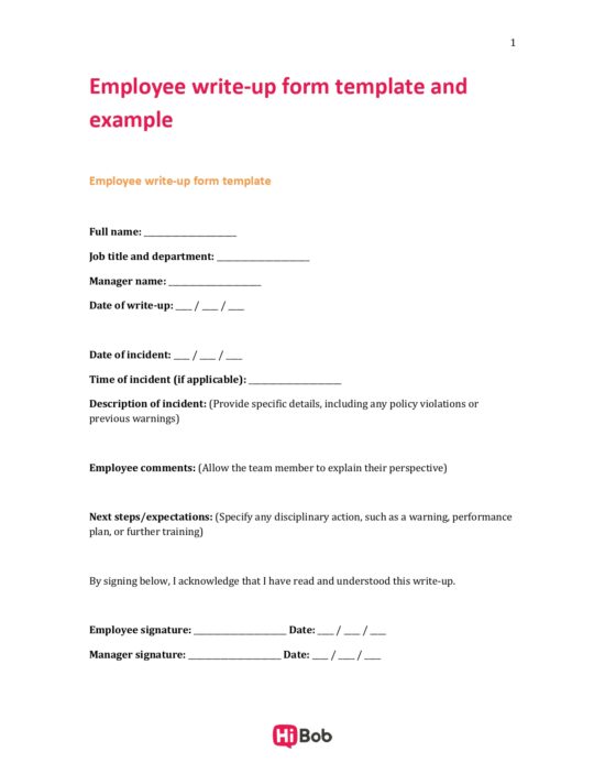 A screenshot from HiBob's employee write-up form template