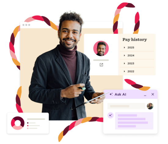smiling man with curly hair holding a pen, displaying digital interface elements like pay history and AI chat feature, professional portrait with visual elements of digital tools and information