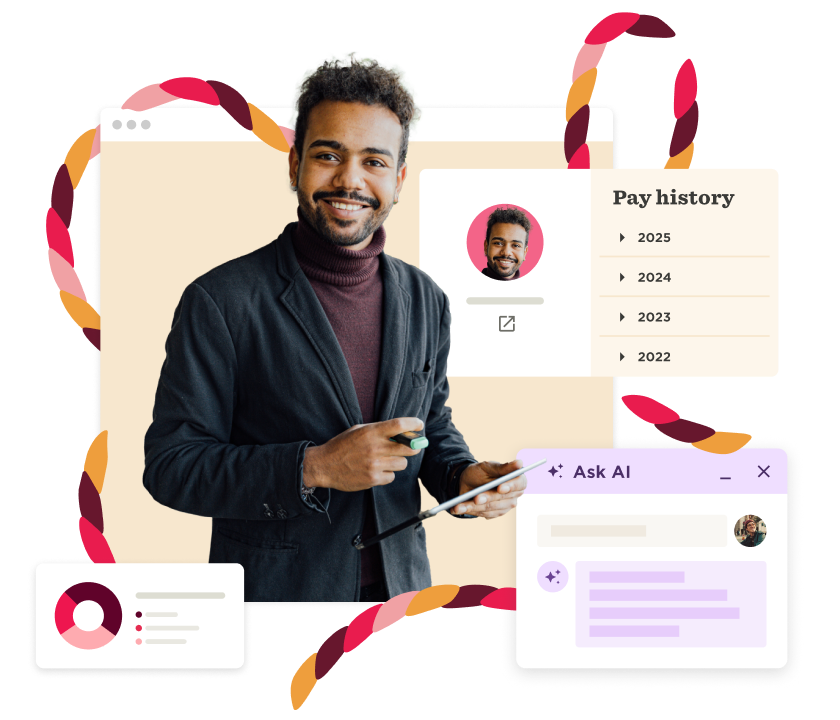smiling man with curly hair holding a pen, displaying digital interface elements like pay history and AI chat feature, professional portrait with visual elements of digital tools and information