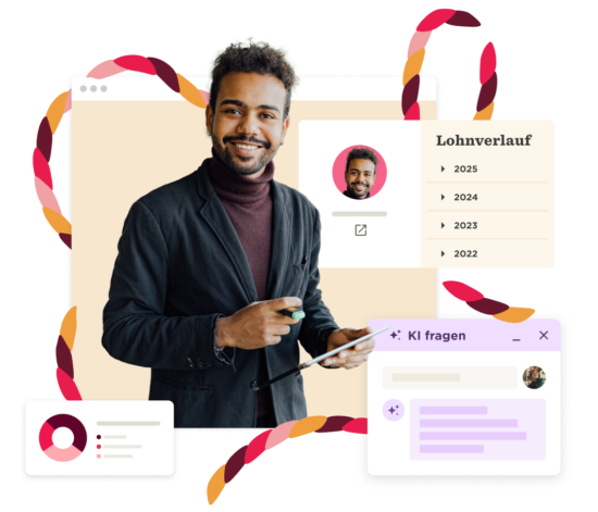 man holding a tablet with profile information and chat interface; vibrant background elements enhance digital theme, professional male smiling with design elements