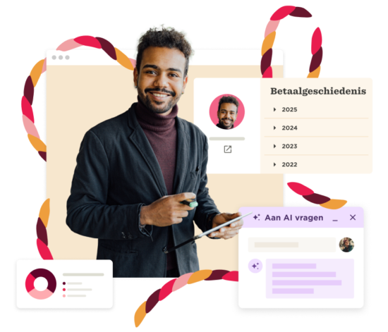 Smiling man holding a tablet with payment history display and chat interface designs in a vibrant, modern setting, professional, digital interaction