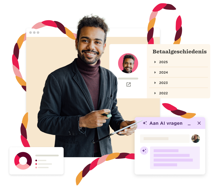 Smiling man holding a tablet with payment history display and chat interface designs in a vibrant, modern setting, professional, digital interaction