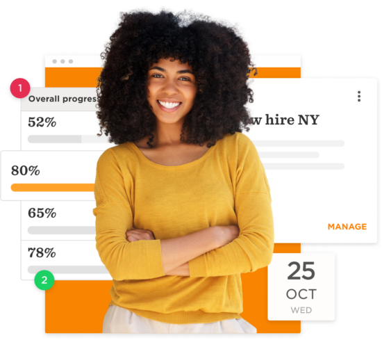 young woman smiling in a yellow shirt surrounded by progress bars and date information, professional progress tracking and management