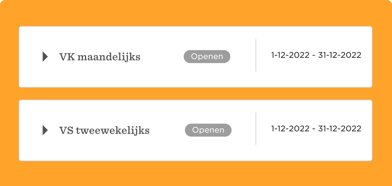 VK maandelijks and VS tweewekelijks options with open buttons and dates displayed, set on an orange background. alt text: VK maandelijks and VS tweewekelijks options on orange background with open buttons and date range. , VK maandelijks VS tweewekelijks options dates buttons