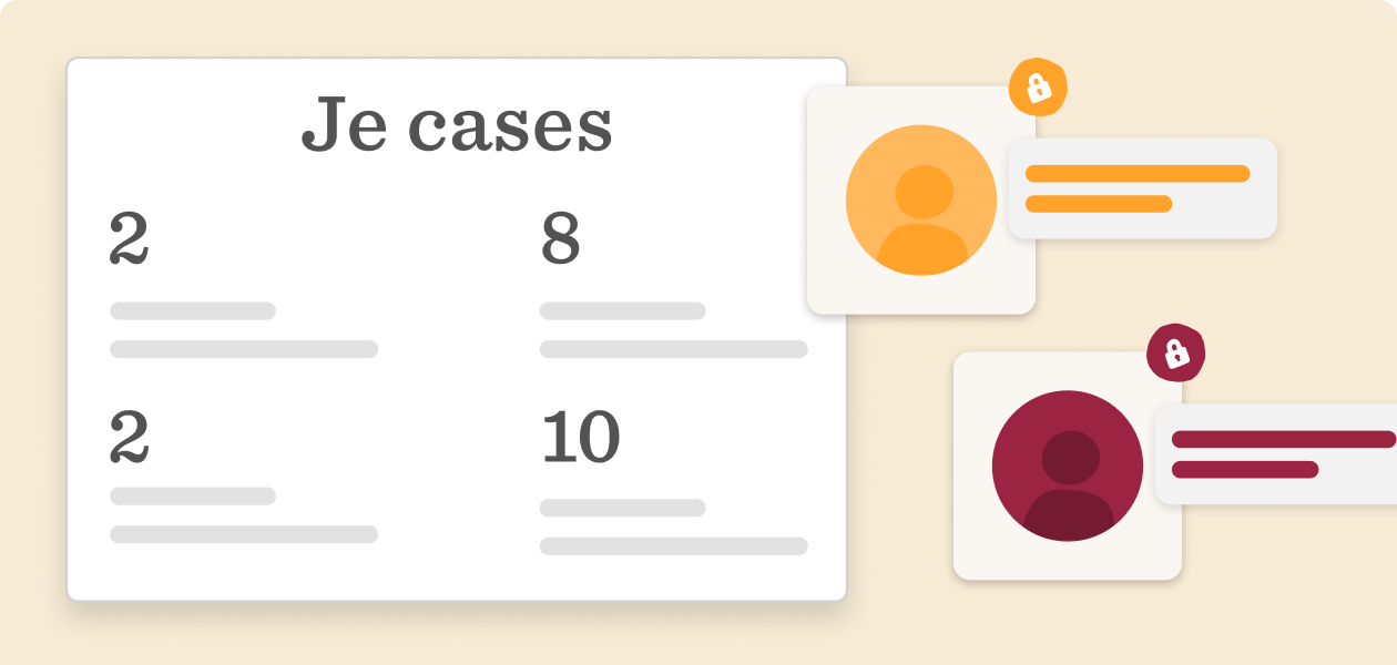 Je cases statistics with icons of user profiles and secure messaging, featuring numbers like 2, 8, 10 on a soft background. je-cases, user-statistics