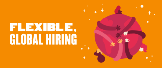 flexible global hiring illustration with diverse hands embracing a globe on bright orange background, diverse teamwork concept art