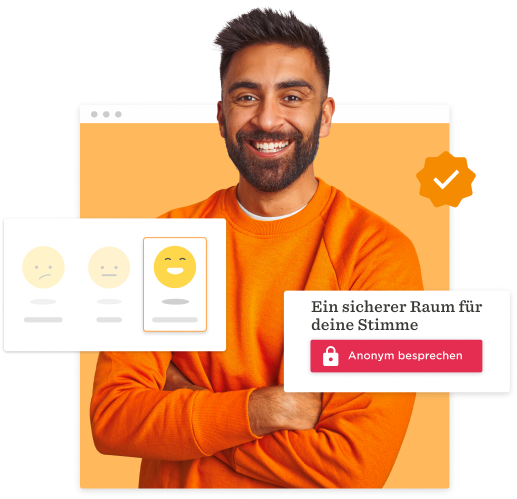 smiling man in orange sweater with feedback icons and message about a safe space for discussion, positive engagement and online support