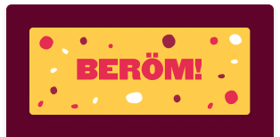 BERÖM! badge with colorful splashes promoting community building and a call to action for more information, community engagement card design