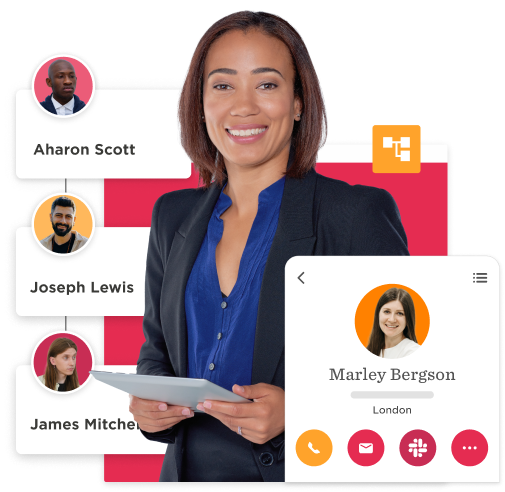 business woman with tablet, team members profiles and contact info displayed