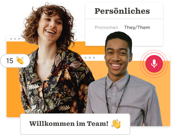 Personen lachen, präsentieren ihre Pronomen 'They/Them'; bunte Hintergrundgrafik, herzliche Willkommensbotschaft. person_laughing, team_welcome