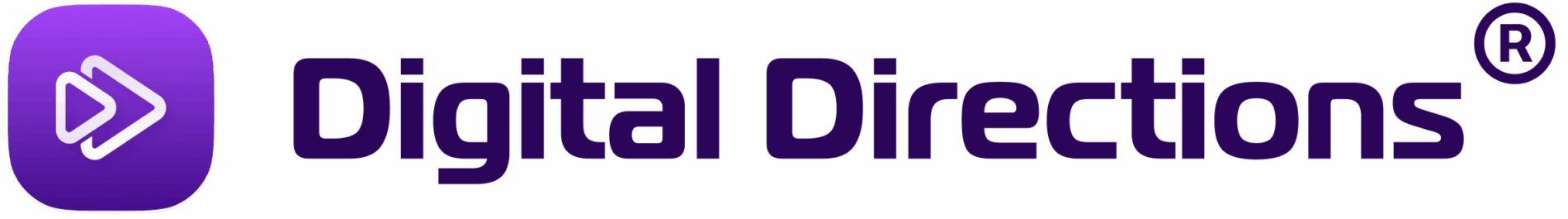Digital Directions logo featuring a purple square with a play button and bold text. Modern design, creative branding. , DigitalDirections, logo