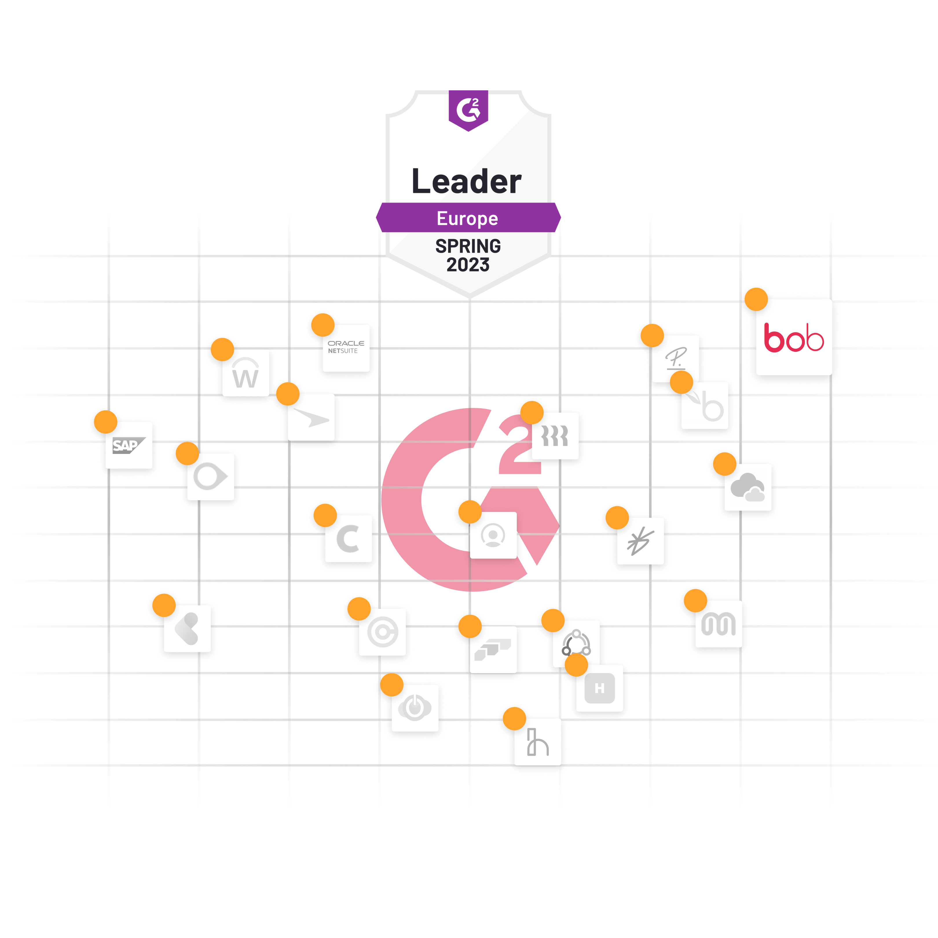 G2 Leader badge for top software in Europe, Spring 2023, showcasing various software tools on a grid., software, G2Leaderboard