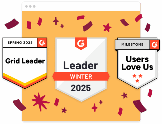 G2 Leader badges highlighting achievements for Winter 2025 and Spring 2025, decorated with colorful confetti. Awards, achievements