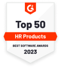 Top 50 HR Products 2023 award badge, Best Software Awards recognition for HR software excellence