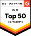 Best Software Award badge for 2025, featuring "Top 50 HR Products" text in vibrant colors on a shield design., BestSoftware, TopHRProducts
