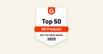 Top 50 HR Products award badge for 2023, G2 Best Software Awards recognition seal