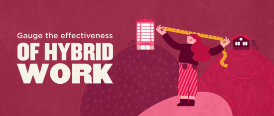 gauge hybrid work effectiveness, illustration of woman measuring office and home settings